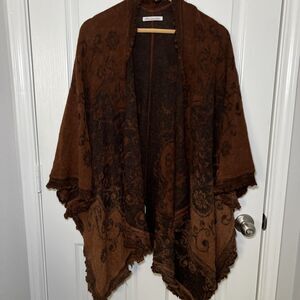 Caamano Baby Alpaca Blanket Shawl Wrap Ruana Brown Tan Peru Ruffle Boho One Size